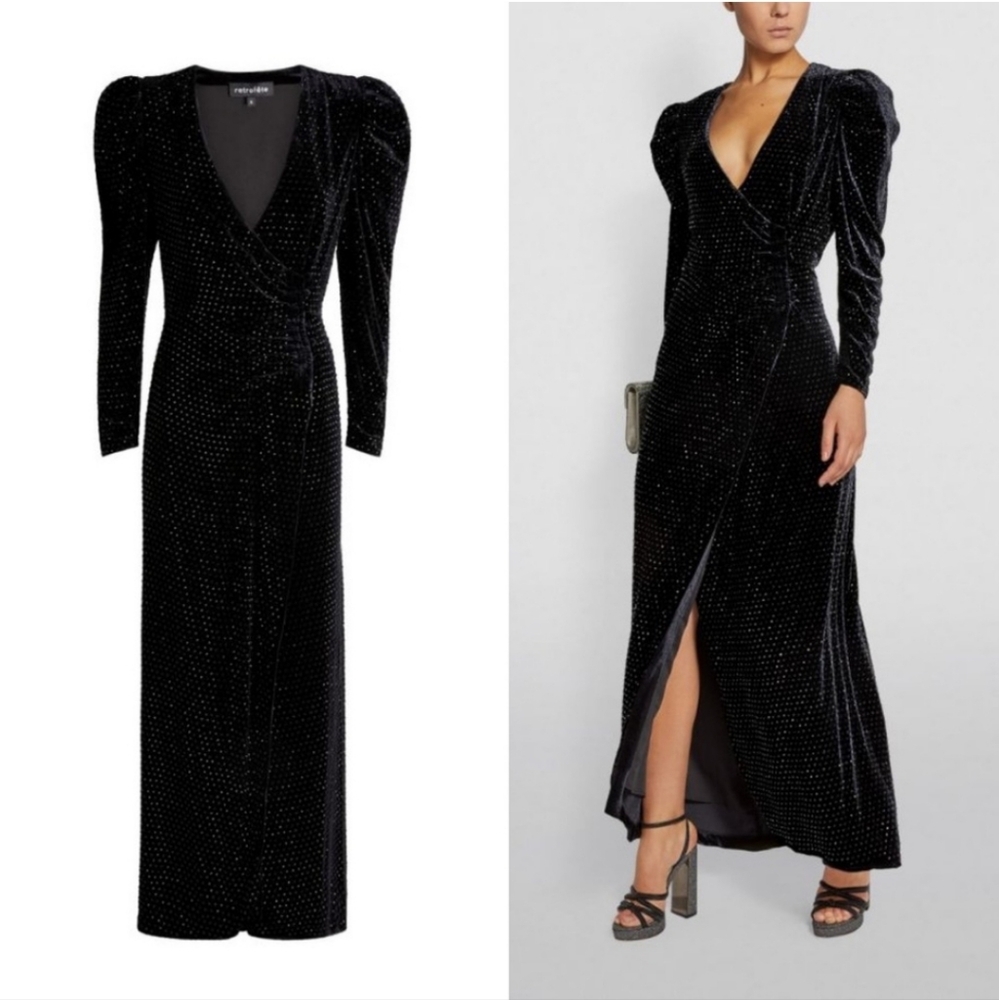 Retrofete Black Studded Sequin Crystal Agnes Wrap‎ Long Sleeve Maxi  Dress XS